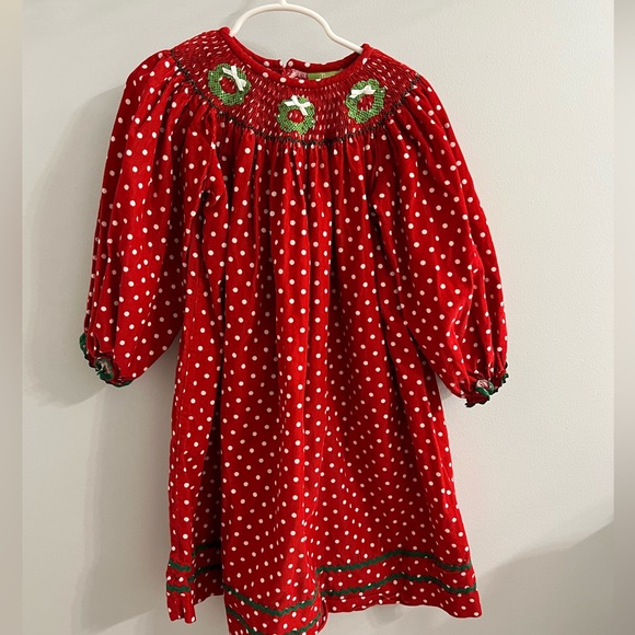 classic Whimsy Other - Beautiful Red Corduroy Smocked Dress with Wreaths - size 4T